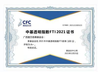 基金会中心网授予：中基透明指数FTI2021满分证书