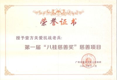 壹方关爱抗战老兵项目荣获第一届”八桂慈善奖“慈善项目称号