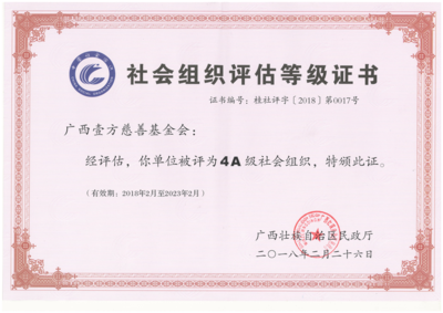 广西壮族自治区民政厅授予：社会组织评估等级4A级